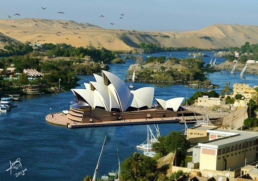 
	
	Nhà hát con sò ở Sydney làm cảnh quan vốn hoang sơ của hồ Nasser, tỉnh Aswan, Ai Cập trở nên hiện đại hơn.