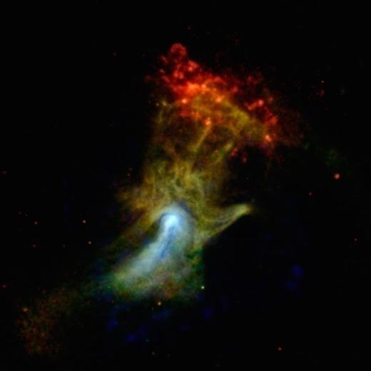 
	
	Hình ảnh một đám mây vũ trụ là tàn tích để lại của một ngôi sao đã chết. Đám mây này được đặt tên là “Bàn tay của Chúa” do có hình thù giống bàn tay khổng lồ giữa không gian.