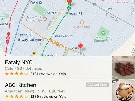 
Phần mềm trợ lý ảo của Apple còn giúp bạn tìm kiếm những nơi mà có thể bạn muốn ghé thăm, trước cả khi bạn hỏi đến. Màn hình Siri Suggestions có một mục tên là Nearby, chuyên gợi ý các nhà hàng, quán cafe, địa điểm mua sắm, trạm xăng gần nơi bạn đứng. Đi kèm với chúng còn có cả các ý kiến khen chê, đánh giá trên mạng xã hội Yelp để bạn tham khảo nữa.