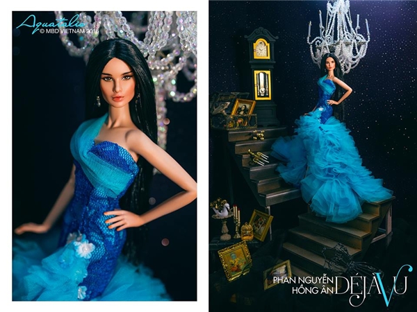 
Cô búp bê xinh đẹp Phan Nguyễn Hồng Ân được diện bộ váy kết hợp xen kẽ giữa hai tông màu xanh đậm, xanh nhạt. Thiết kế tạo điểm nhấn với phần đuôi cá bồng xòe được tạo nên từ những chi tiết voan lụa.