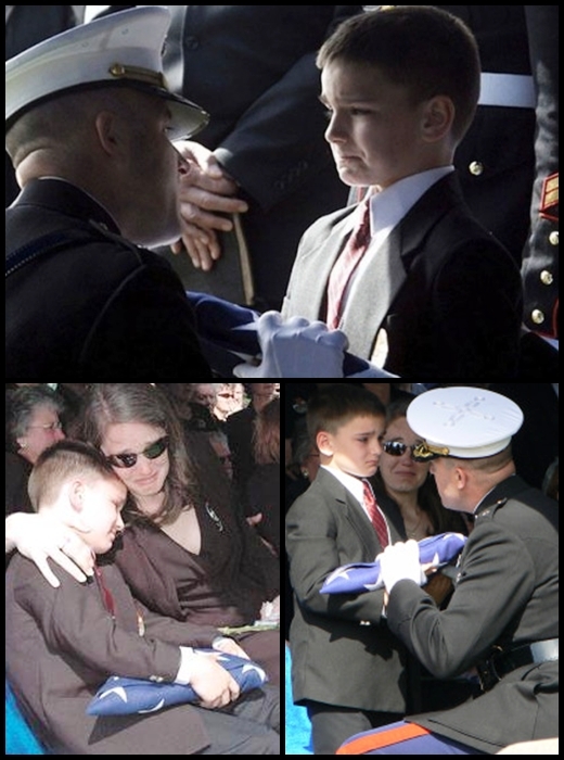 
Cậu bé Christian Golczynski (8 tuổi) mím môi kiềm chặt xúc cảm khi nhận lá cờ từ quan tài của cha - một người lính hải quân đã hi sinh cao cả khi làm nhiệm vụ. (Ảnh: Internet)