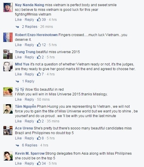 
Bên cạnh đó, hoa hậu Phạm Hương cũng rất "được lòng" khán giả các nước bạn. Rất nhiều bình luận ủng hộ sắc vóc của người đẹp đại diện cho Việt Nam tham dự Miss Universe 2015. - Tin sao Viet - Tin tuc sao Viet - Scandal sao Viet - Tin tuc cua Sao - Tin cua Sao