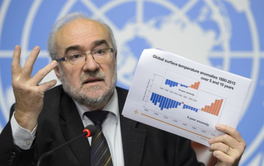 
Tổng thư kí của Tổ chức Khí tượng Thế giới (WMO) Michel Jarraud đang trình bày số liệu về nhiệt độ bề mặt Trái đất từ năm 1950 đến năm 2015. (Ảnh: Mirror)