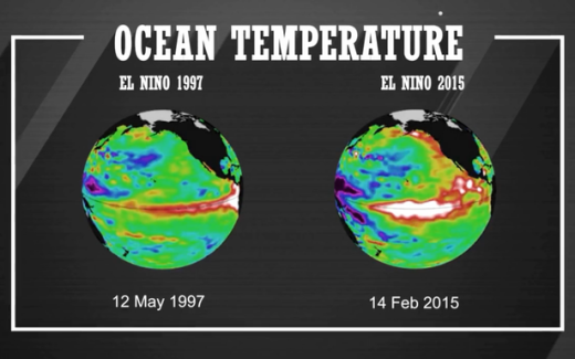 
Nhiệt độ trung bình ở Thái Bình Dương của năm 1997 và 2015. (Ảnh: Mirror)
