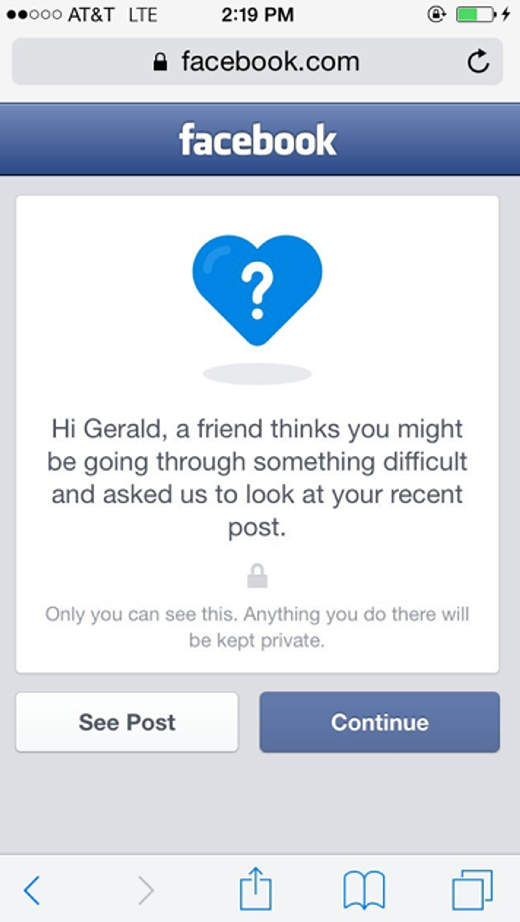 
Facebook thông báo cho người có dấu hiệu tự tử. (Ảnh: Internet)