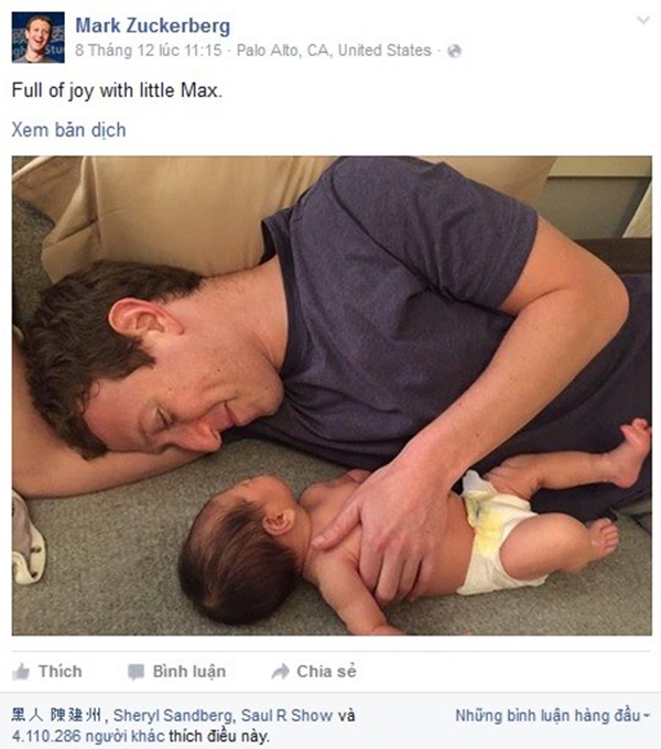 
Bức ảnh Mark nằm chơi bên con gái mình trước đó cũng đã thu hút hơn 4,1 triệu lượt thích. (Ảnh: Internet)