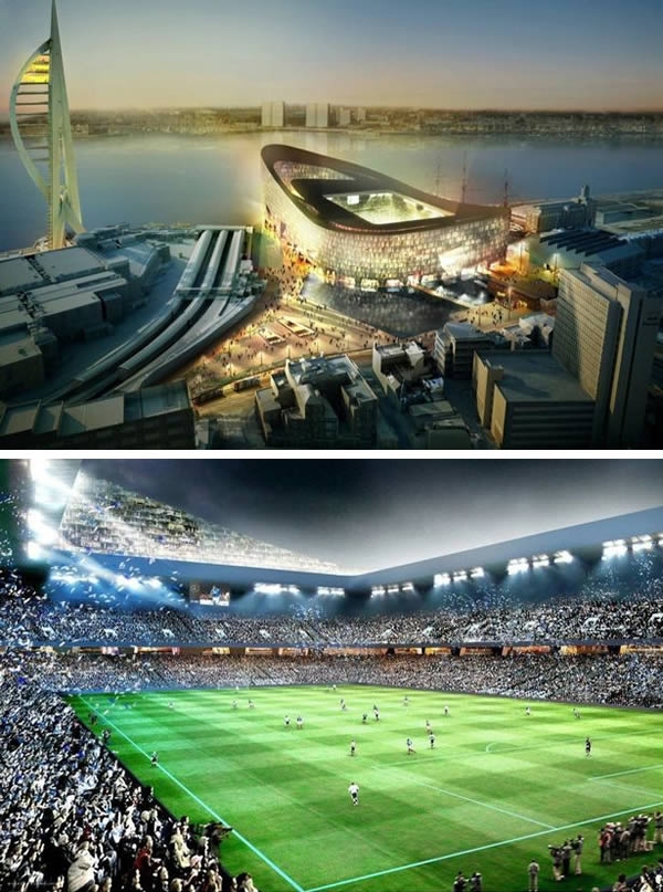 
Từng thiết kế những sân vận động nổi tiếng như Arena Allianz của CLB Bayern Munich hay sân vận động quốc gia Bắc Kinh, Trung Quốc, công ty kiến trúc Thụy Sỹ Herzog và De Meuron có ý tưởng xây dựng cho câu lạc bộ Portsmouth một “pháo đài” hình chiếc thuyền. Chi phí của nó vào khoảng 600 triệu Bảng (20,5 ngàn tỉ đồng) nhưng cuối cùng, do khủng hoảng tài chính năm 2008, mọi thứ bị “đổ bể”. (Ảnh: Oddee)