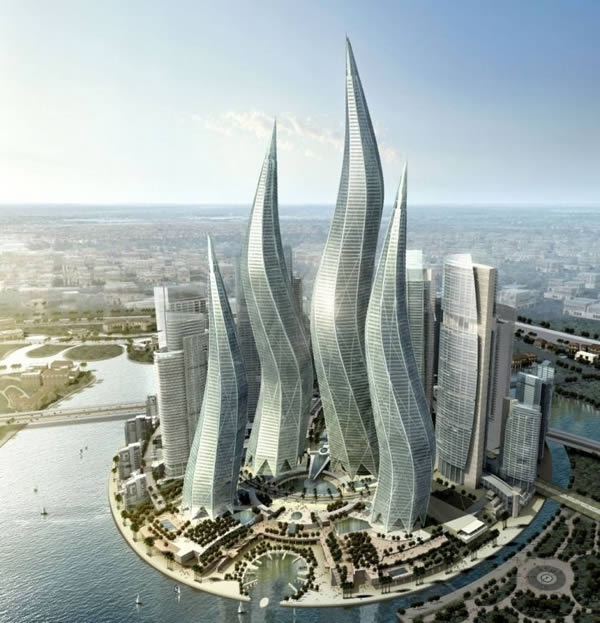 
Khu phức hợp gồm 4 tòa tháp dự kiến sẽ được xây dựng tại Dubai. Các tòa nhà này sẽ cao từ 57-94 tầng, cao từ 300 – 400 mét... Tuy nhiên, do suy thoái kinh tế, dự án đang bị “đóng băng”. (Ảnh: Oddee)