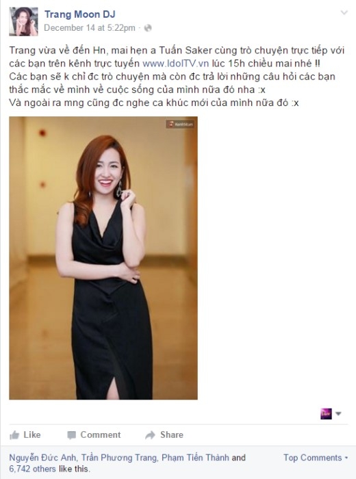 
Status ngày 14/12 do chính DJ Trang Moon đăng tải trên fanpage của cô có ghi rõ tên MC Tuấn Saker.