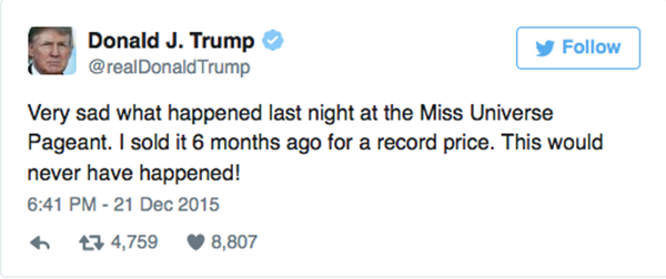 
Đồng thời trên Twitter, Donald Trump cũng có viết như sau: "Thật buồn vì những gì đã xảy ra đêm qua tại Hoa hậu Hoàn vũ. Tôi bán bản quyền cuộc thi cách đây 6 tháng với mức giá kỉ lục. Điều này có lẽ đã không xảy ra...".