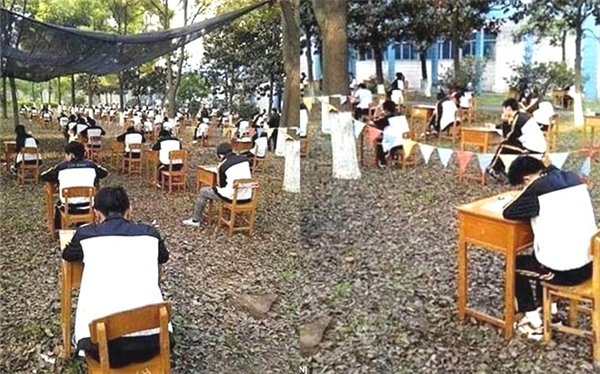 
Không chỉ thế, vào tháng 4/2015, ban giám hiệu một trường trung học tại Cẩm Châu (Hồ Bắc, Trung Quốc) còn tổ chức cho học sinh của mình thi cuối kì trong rừng với mong muốn giúp học sinh vượt qua những khó khăn của thời tiết và không gian lận. (Ảnh Internet)