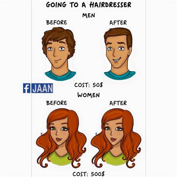 
Đàn ông bỏ tiền để có kiểu tóc mới. Phụ nữ bỏ tiền để giữ nguyên kiểu tóc cũ. (Ảnh: Internet)