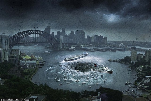 
Khung cảnh tàu thuyền bị hút vào một hố tử thần khổng lồ ở bến cảng Sydney (Australia).