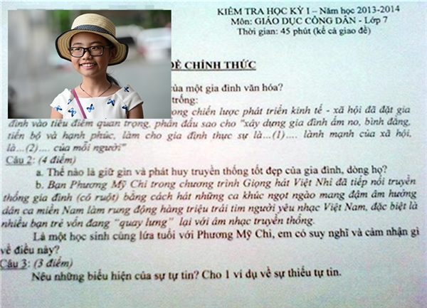 
Ngoài ra, giọng hát Việt nhí Phương Mỹ Chi cũng được “ưu ái” nằm trong đề kiểm tra học kì môn Giáo dục công dân lớp 7 của một trường tại Đà Nẵng. (Ảnh Internet)