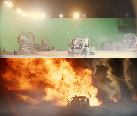 
Mad Max: Fury Road: Những phân cảnh vừa chạy xe vừa đánh nhau đều được thực hiện trước phông màn xanh. (Ảnh: Bright Side)