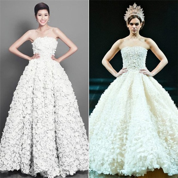 
Chiếc váy hoa anh đào trắng mà nhà thiết kế Hoàng Minh Hà làm cho á hậu Thúy Vân ở Miss International cũng bị cho là có quá nhiều điểm trùng hợp với một thiết kế nước ngoài. 