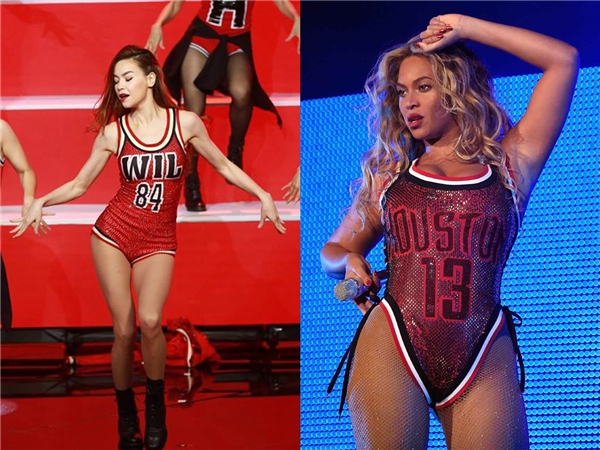 
Trước đó, trong một buổi biểu diễn, Hồ Ngọc Hà đã bị cho rằng “mượn” ý tưởng từ trang phục mà Beyoncé từng diện. Tuy nhiên, nhiều ý kiến đã bênh vực nữ ca sĩ khi cho rằng trào lưu bodysuit thể thao cùng sắc đỏ tương tự đã được nhiều ngôi sao như Miley Cyrus, Rihanna diện.