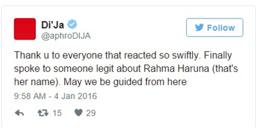 
"Cảm ơn mọi người đã phản ứng cấp bách. Cuối cùng tôi cũng được nói chuyện với người phụ trách Rahma Haruna. Hi vọng từ đây ta sẽ tìm được lối đi." (Ảnh: Internet)