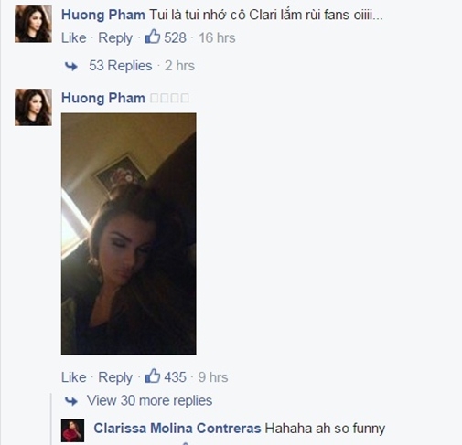 
Clarissa cũng theo dõi và comment nhiệt tình trên Facebook Phạm Hương - Tin sao Viet - Tin tuc sao Viet - Scandal sao Viet - Tin tuc cua Sao - Tin cua Sao