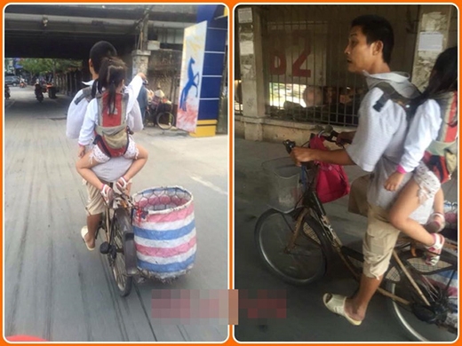 
Người cha địu con đạp xe đi nhặt rắc khắp phố phường Hà Nội. (Ảnh: Internet)