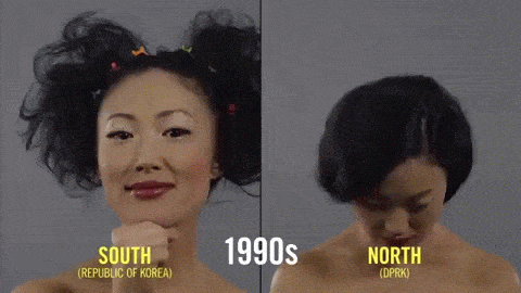 
Cuối thế kỉ 20, phụ nữ Hàn Quốc chìm đắm trong kiểu trang điểm nổi loạn, ấn tượng nhất là phong cách ‘mắt nâu môi trầm’ lan tràn đến nhiều quốc gia. Phụ nữ Triều Tiên thì có vẻ ‘bảo thủ’ hơn trong cách làm đẹp.