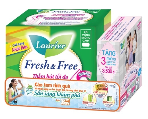 
Sản phẩm Laurier Fresh & Free có logo chương trình "Sẵn sàng khám phá" trên siêu thị và cửa hàng toàn quốc.