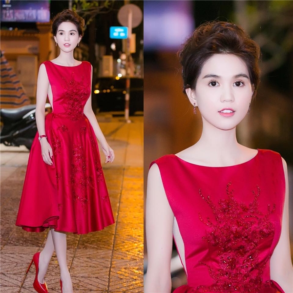 
Bộ váy đỏ dáng xòe ngang gối mà Ngọc Trinh từng diện cũng được tạo điểm nhấn tương tự.