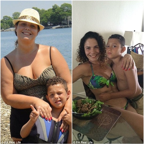 
 Nathalia cùng con trai trước và sau khi giảm cân thành công.