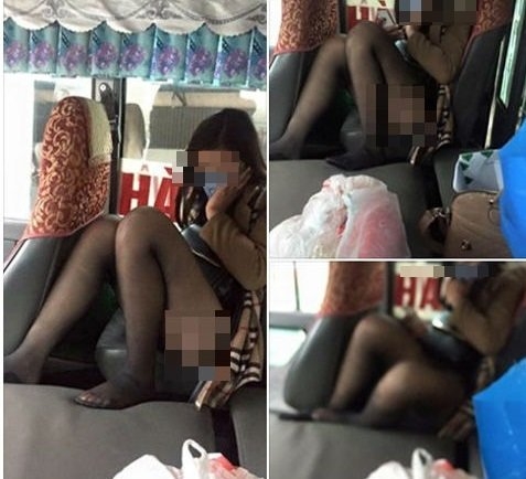 
Dáng ngồi phản cảm của cô gái trên xe khách được chia sẻ trên mạng xã hội. Ảnh: FB