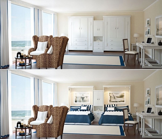
Hai chiếc giường xếp được "ngụy trang" thành hai chiếc tủ quần áo sẽ giúp tiết kiệm không gian cho căn nhà thiếu phòng của bạn. (Ảnh: Internet)