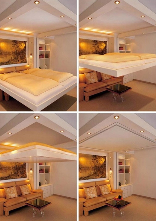 
Một thiết kế giường ấn tượng khác, có thể sẽ khiến khách của bạn phải kinh ngạc và trầm trồ thích thú khi từ trên trần nhà có một chiếc giường... "hạ cánh". (Ảnh: Internet)