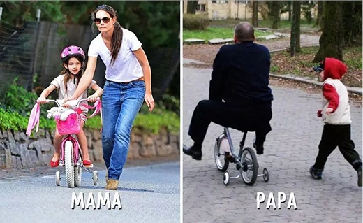 
Mẹ chịu khó tập con đạp xe từng chút một, trong khi bố đã hết kiên nhẫn và leo lên đạp luôn cho nhanh. (Ảnh: Internet)
