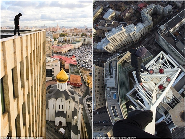 
Không chỉ chụp những bức ảnh “thót tim” ở Nga (phải), họ còn thực hiện hành động mạo hiểm này ở Dubai (trái). (Ảnh: Daily Mail)