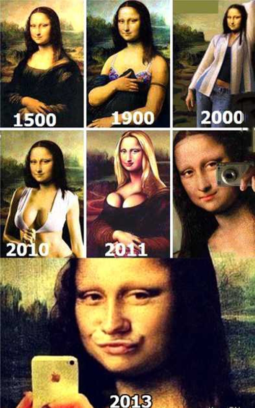 
Từ người phụ nữ truyền thống vào năm 1500, Mona Lisa đã thay đổi đáng kể, từ vai áo hờ hững trễ xuống năm 1900, cho đến hình tượng bốc lửa năm 2010 và trào lưu "mỏ vịt" để "tự sướng" cùng iPhone. (Ảnh: Internet)