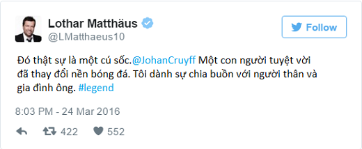 
Lời chia buồn của cựu tuyển thủ Đức, Lothar Matthaus. (Ảnh: Twitter)