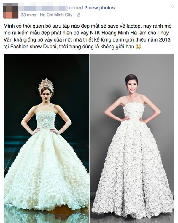 
Trước đó, chiếc váy mà Thúy Vân mang đến cuộc thi Hoa hậu Quốc tế 2015 cũng dính nghi án “nhái” thiết kế của một thương hiệu tại Dubai.