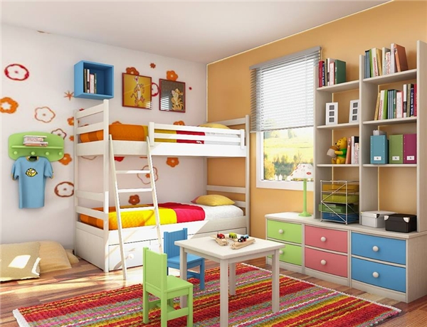 
Những màu sắc pastel dịu dàng của tủ và ghế làm nổi bật thêm màu ga giường sặc sỡ. (Ảnh: Internet)