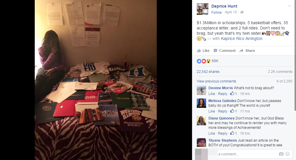 
Deprice khoe ảnh em gái Shaprice bên cạnh hàng loạt bức thư gọi nhập học từ nhiều trường đại học. (Ảnh: Chụp FB)