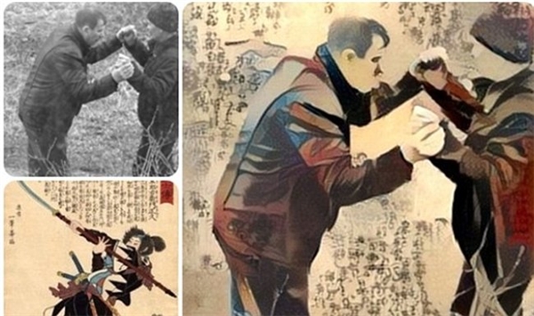 
Một bức ảnh đen trắng của hai người đàn ông nắm tay nhau trở nên sống động hơn khi ghép với một bức tranh Trung Quốc.