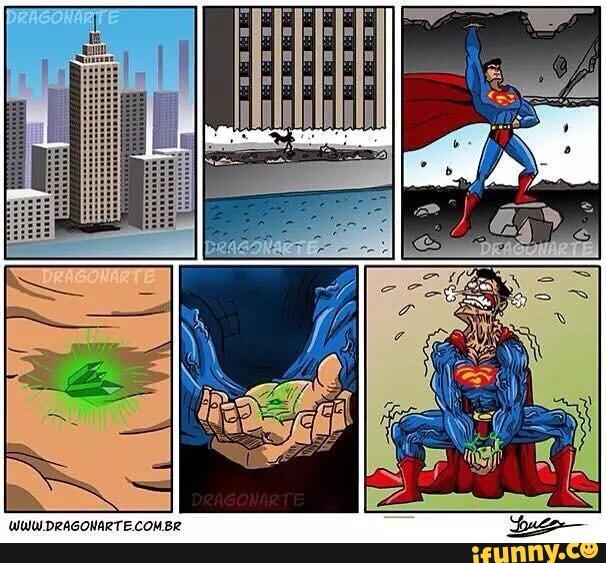 
Viên đá màu xanh bé tí tẹo kia đối với Superman còn nặng hơn gấp mấy lần tòa nhà.