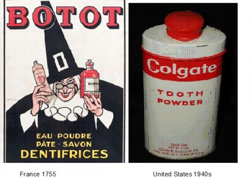 
Mẫu kem đánh răng ở Pháp năm 1755 và mẫu kem thương hiệu Colgate những năm 1940.