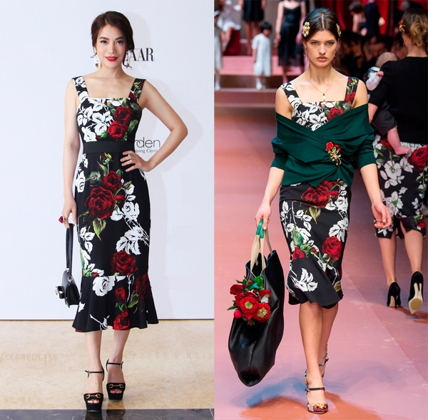 
Khi bỏ đi lớp áo khoác bên ngoài, Trương Ngọc Ánh phô diễn được đường cong hoàn hảo trong dáng váy bodycon họa tiết hoa hồng của Dolce and Gabbana.