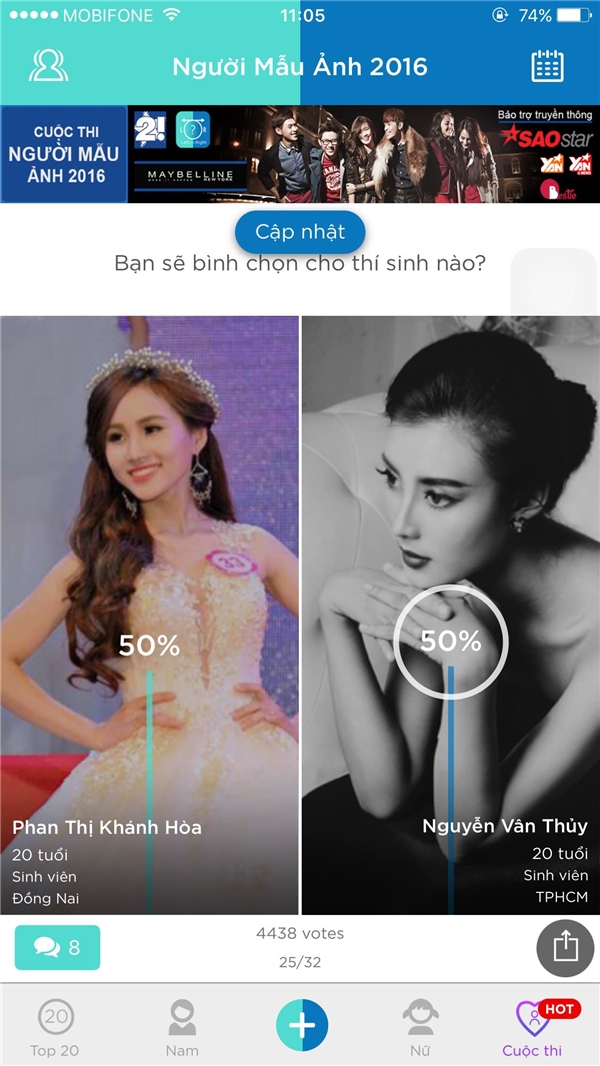 
Phan Thị Khánh Hòa cũng đã đạt được số vote ngang bằng cùng đối thủ Nguyễn Vân Thủy – cô gái mang nét đẹp Hạ Vi. Hai người đẹp này đang chạy đua cùng nhau khi tỉ số hiện giờ là 50 – 50.