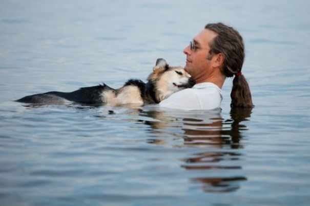 
Mỗi ngày, người đàn ông này đều bơi ra hồ và ôm chú chó bị bệnh của mình vào lòng để nước giúp nó xoa dịu những đau đớn trên người.