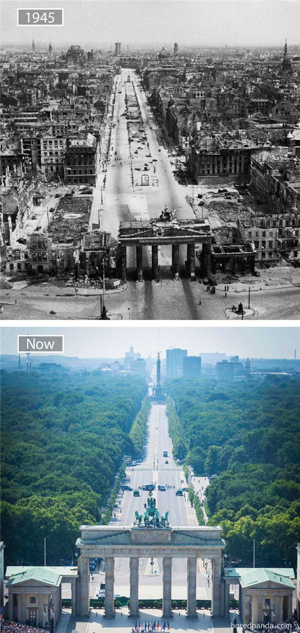 
Năm 1945, Berlin trở thành mục tiêu tấn công của quân đồng minh nhằm tiêu diệt sào huyệt phát xít Đức cùng trùm phát xít Hitler. Vì vậy, quân đồng minh đã dội lượng lớn bom xuống Berlin, Đức, khiến nhiều công trình phá hủy. Nhìn hình ảnh Berlin thanh bình ngày nay, chúng ta vẫn không thể quên được một Berlin hoang tàn năm nào. (Ảnh: Bored Panda)