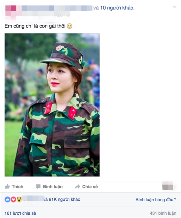 
Chỉ sau ít giờ đăng tải, bức ảnh cô quân nhân đã thu hút hơn 81.000 lượt thích và rất nhiều bình luận. (Ảnh: Internet)