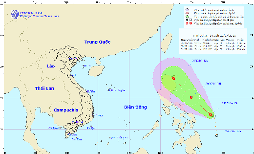 
Vị trí hiện tại của áp thấp nhiệt đới ở phía đông Philippines. (Ảnh: Trung tâm dự báo khí tượng thủy văn trung ương)