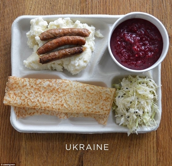 
Ukraine: Khoai tây nghiền kèm xúc xích, súp củ cải, bắp cải, bánh kếp.