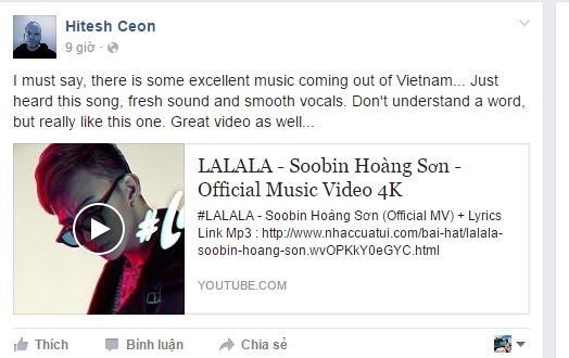 
Nhà sản xuất âm nhạc lừng danh Hitesh Ceon chia sẻ MV Lalala của Soobin lên trang cá nhân và dành cho chàng nghệ sĩ trẻ những lời "có cánh". - Tin sao Viet - Tin tuc sao Viet - Scandal sao Viet - Tin tuc cua Sao - Tin cua Sao