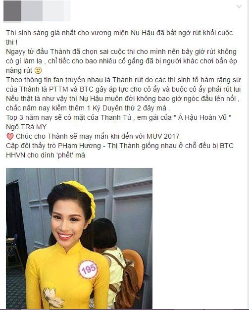 
Mặc dù nguyên nhân chính thức vẫn chưa được Nguyễn Thị Thành cũng như ban tổ chức Hoa hậu Việt Nam 2016 công bố nhưng theo một số thông tin bên lề Thị Thành phải dừng cuộc thi là do nghi án thẩm mỹ chỉnh sửa răng sứ.